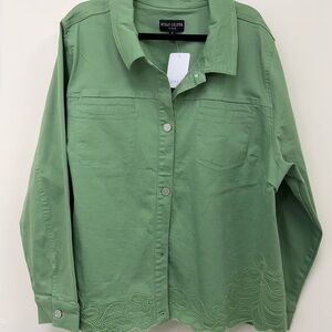 Susan Graver Women’s Plus Denim Jacket with Soutache Sage Size 2X (683195)